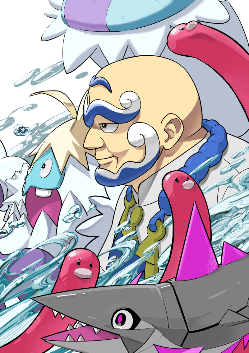 1boy apron bald beard black_eyes blue_apron closed_mouth commentary_request crabominable facial_hair fish from_side gen_7_pokemon kofu_(pokemon) male_focus mon!_(monmonlezard) nintendo pokemon pokemon_(creature) pokemon_sv shirt smile veluza water water_drop white_background white_shirt wugtrio