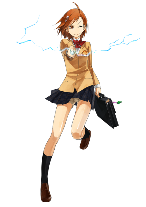 1girl action aiming aiming_at_viewer attack bow bowtie brown_eyes brown_hair coin electricity fantasy female_focus gajuumaru glowing hair_ornament hairpin holding holding_coin incoming_attack misaka_mikoto one_eye_closed outstretched_arm psychic red_bow red_bowtie school_uniform science_fiction shorts skirt solo toaru_kagaku_no_railgun toaru_majutsu_no_index tokiwadai_school_uniform wink
