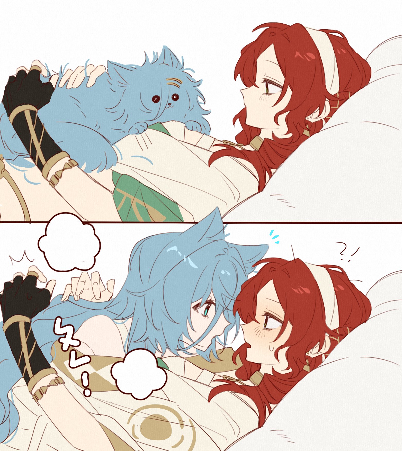 !? 2girls 37_(reverse:1999) animal_ears animalization black_gloves blue_cat blue_eyes blush cat_ears cat_girl cat_tail chinese_commentary closed_mouth commentary_request elbow_gloves fingerless_gloves gloves hairband hand_on_another's_back highres kemonomimi_mode kunchim2_cat_transformation_template_(meme) long_hair looking_at_another lying_on_person meme multiple_girls notice_lines open_mouth red_hair reverse:1999 robe simple_background sophia_(reverse:1999) tail transformation white_background white_hairband white_robe wo_shi_nugui yuri