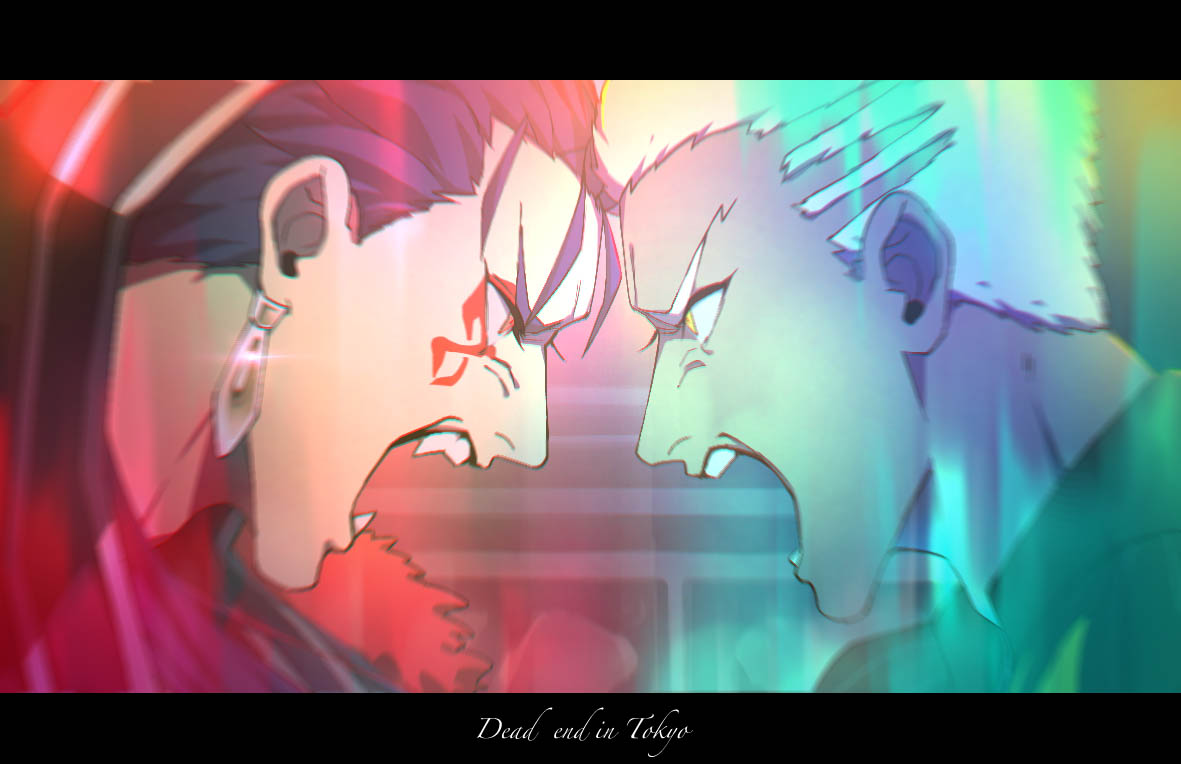 2boys blue_hair commentary_request crew_cut cu_chulainn_(fate) cu_chulainn_alter_(fate) dark-skinned_male dark_skin earrings emiya_alter english_text fate/grand_order fate_(series) fur_trim jewelry letterboxed male_focus multiple_boys open_mouth red_eyes sharp_teeth teeth white_hair yanoooh yellow_eyes