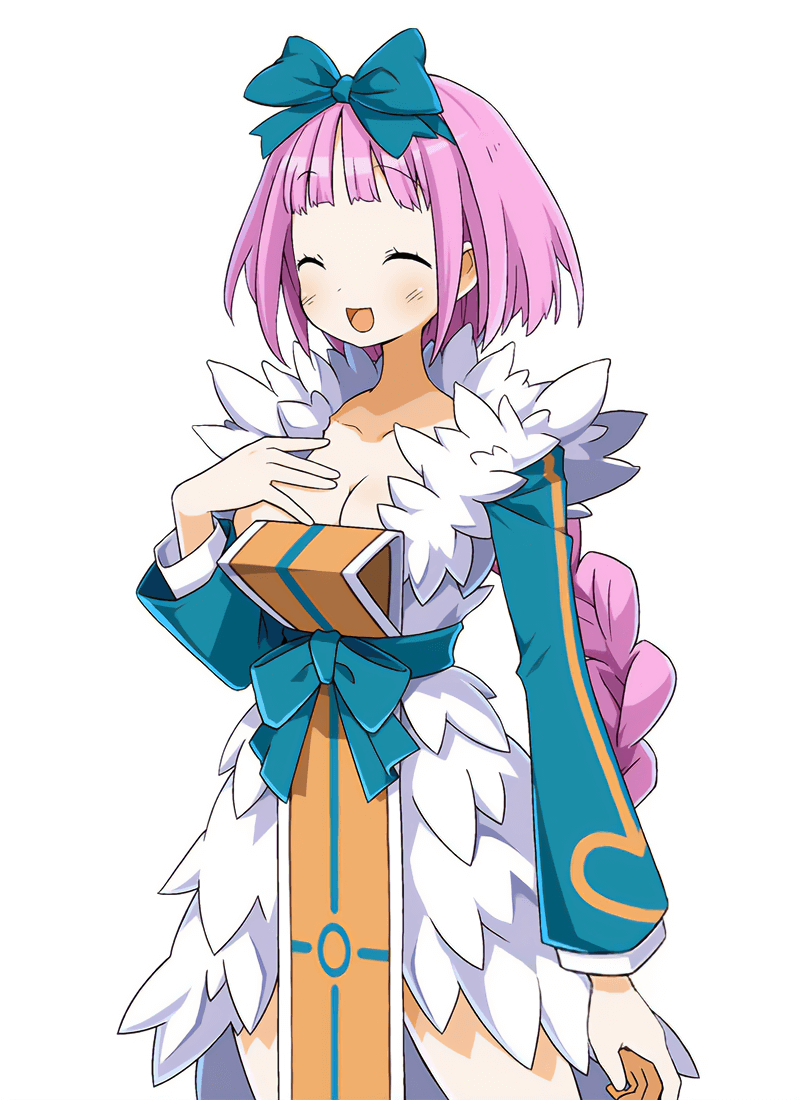 1girl blue_bow bow braid breasts cleavage closed_eyes collarbone cowboy_shot disgaea dress facing_to_the_side hair_bow harada_takehito legs_apart long_hair makai_senki_disgaea_7 medium_breasts nitra_(disgaea) official_art open_mouth pink_hair simple_background single_braid smile solo standing tabard waist_bow white_background white_dress yellow_tabard