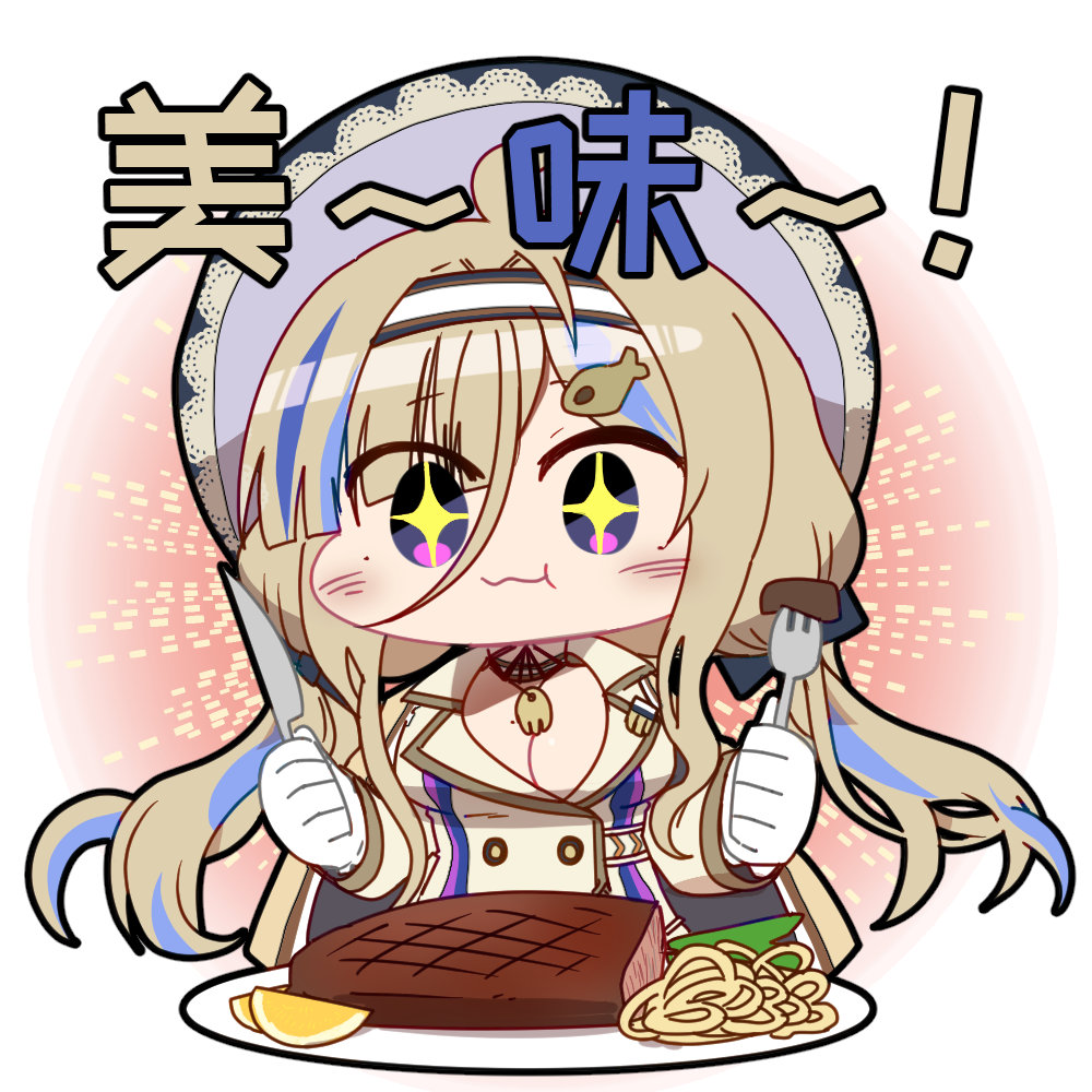 1girl artist_request blonde_hair blue_hair blush breasts chibi chibi_only chinese_commentary chinese_text cleavage eating food fork girls&#039;_frontline girls&#039;_frontline_neural_cloud hairband happy hat holding holding_fork holding_knife knife millau_(neural_cloud) official_art plate purple_eyes second-party_source shining solo sparkling_eyes steak sun_hat