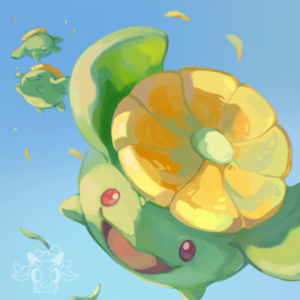 akira_(akira_art_poke) animal_focus artist_logo blue_background bright_pupils closed_eyes commentary_request flying gen_2_pokemon happy logo nintendo no_humans open_mouth outdoors petals pokemon pokemon_(creature) red_eyes skiploom white_pupils yellow_petals