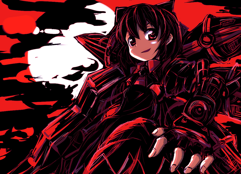 armor armored_core ascot black_ascot black_bow black_clouds black_hair bow cirno elbow_gauntlets fingerless_gloves gloves hair_bow looking_at_viewer mechanical_wings nineball nineball=cirno puffy_short_sleeves puffy_sleeves red_eyes red_sky red_theme short_sleeves single_fingerless_glove sky smile tanashi_(mk2) touhou wings