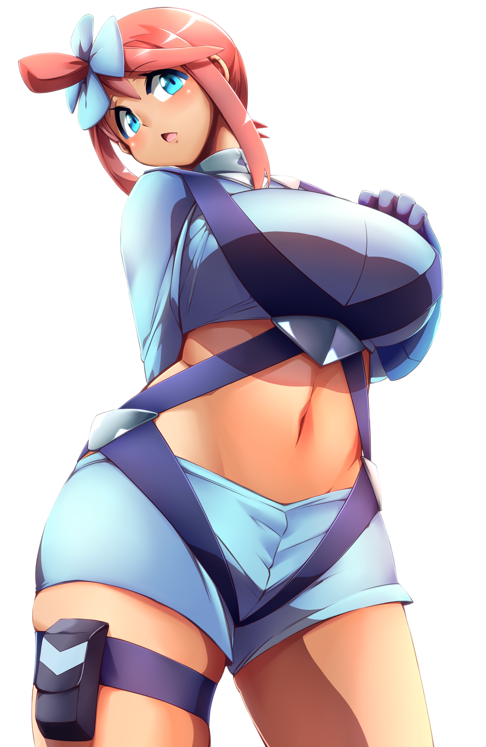 1girl arm_behind_back blue_eyes blue_gloves blue_jacket blue_shorts breasts cowboy_shot crop_top cropped_jacket elbow_gloves female_focus gloves gym_leader hair_between_eyes head_tilt highres huge_breasts jacket long_hair long_sleeves looking_at_viewer midriff navel nintendo open_mouth pokemon pokemon_bw pouch red_hair shorts simple_background skindentation skyla_(pokemon) smile solo standing stomach suspenders thigh_pouch thigh_strap tokyo_(great_akuta) white_background wide_hips