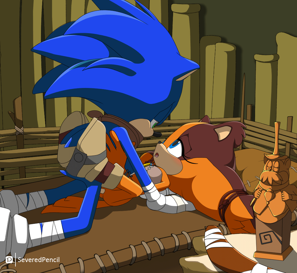 severed pencil, sonic the hedgehog, sticks the badger, sonic (series), sonic  boom (series), animated, animated gif, looping animation, 1boy, 1girl,  animal nose, artist name, ass, bandaged hand, bandaged leg, bandages,  bandana, bare