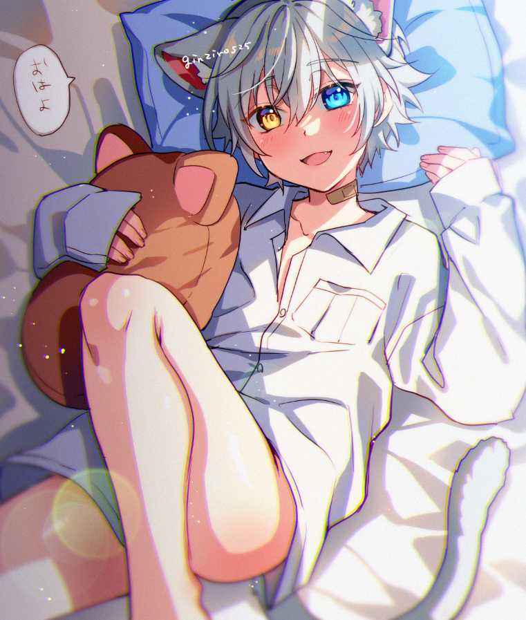 1boy animal_ears bandaid bandaid_on_neck blue_eyes blush borrowed_clothes cat_boy cat_ears collared_shirt extra_ears ginjiro_(ginziro525) ginjiro_(vtuber) heterochromia indie_virtual_youtuber long_sleeves lying male_focus on_bed pillow shirt short_hair stuffed_animal stuffed_cat stuffed_toy thighs twitter_username virtual_youtuber white_hair white_shirt yellow_eyes