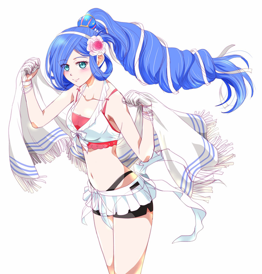 1girl artist_name bikini bikini_skirt blue_eyes blue_hair breasts dana_iclucia floating_hair front-tie_bikini_top front-tie_top long_hair looking_at_viewer medium_breasts midriff navel parted_bangs ponytail simple_background smile solo swept_bangs swimsuit towel upper_body white_background xiacheng_tatsuya ys ys_viii:_lacrimosa_of_dana