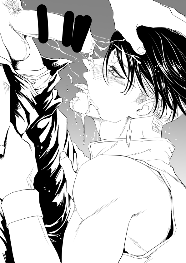 2boys bar_censor bare_shoulders censored clothes_pull cum cum_on_body diamond_wa_kudakenai earrings facial greyscale jewelry jojo_no_kimyou_na_bouken kishibe_rohan male_focus monochrome multiple_boys no_headband pants pants_pull penis sumo_(komokomo1201) tongue tongue_out undercut yaoi