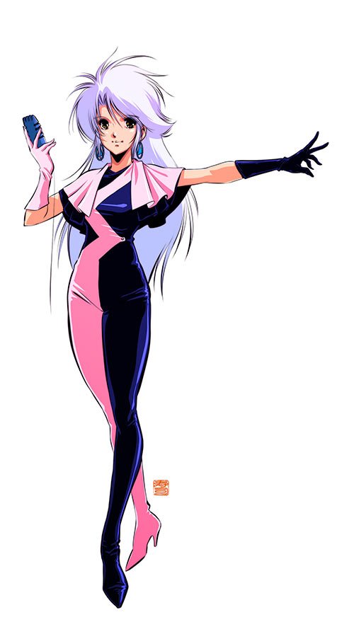 1980s_(style) 1girl black_gloves breasts closed_mouth earrings full_body gloves hoop_earrings jewelry kotobuki_tsukasa long_hair looking_at_viewer megazone_23 official_art oldschool pink_gloves retro_artstyle simple_background solo tokimatsuri_eve white_background