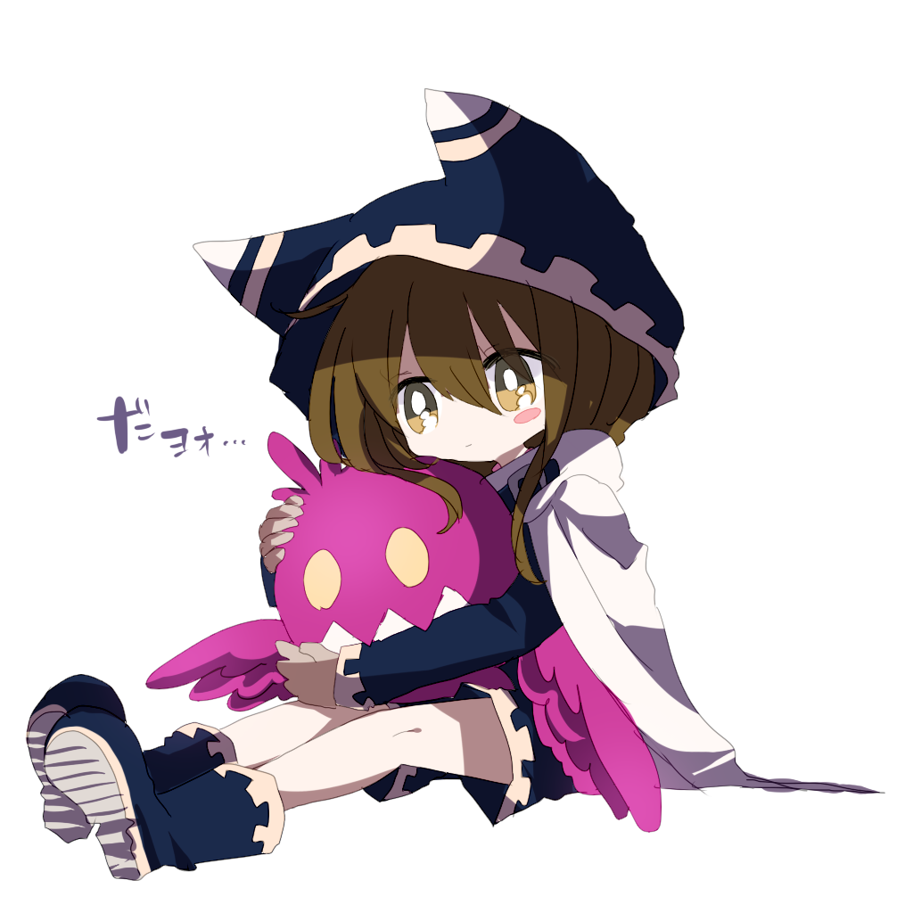 1boy blue_boots blue_headwear blue_shirt blue_shorts blush_stickers boots brown_gloves brown_hair cape character_doll closed_mouth commentary_request doll doomer_(kirby) gloves gold_trim hair_between_eyes hat hugging_doll hugging_object kirby&#039;s_return_to_dream_land kirby_(series) long_sleeves magolor male_focus nintendo no_nose personification shirt short_hair_with_long_locks shorts simple_background single_blush_sticker sitting sphere_doomer translation_request usagi_nui white_background white_cape yellow_eyes