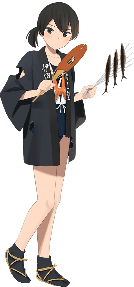 1girl black_hair black_happi black_socks blue_one-piece_swimsuit brown_background burnt_clothes fish full_body hand_fan i-41_(kancolle) i-41_(saury_festival)_(kancolle) kantai_collection low_ponytail neckerchief official_art one-piece_swimsuit orange_neckerchief paper_fan ponytail sailor_collar sailor_shirt sandals saury school_swimsuit shibafu_(glock23) shirt socks solo swimsuit swimsuit_under_clothes tabi transparent_background uchiwa white_sailor_collar white_shirt