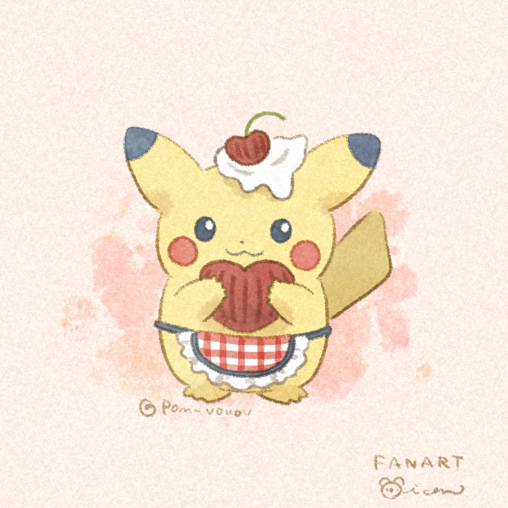 apron black_eyes bright_pupils cherry closed_mouth commentary food fruit full_body game_freak gen_1_pokemon heart looking_at_viewer mian_(user_kwcj2833) nintendo no_humans pikachu pikachu_(assorted_chocolates_2024) pokemon pokemon_(creature) smile standing whipped_cream white_pupils