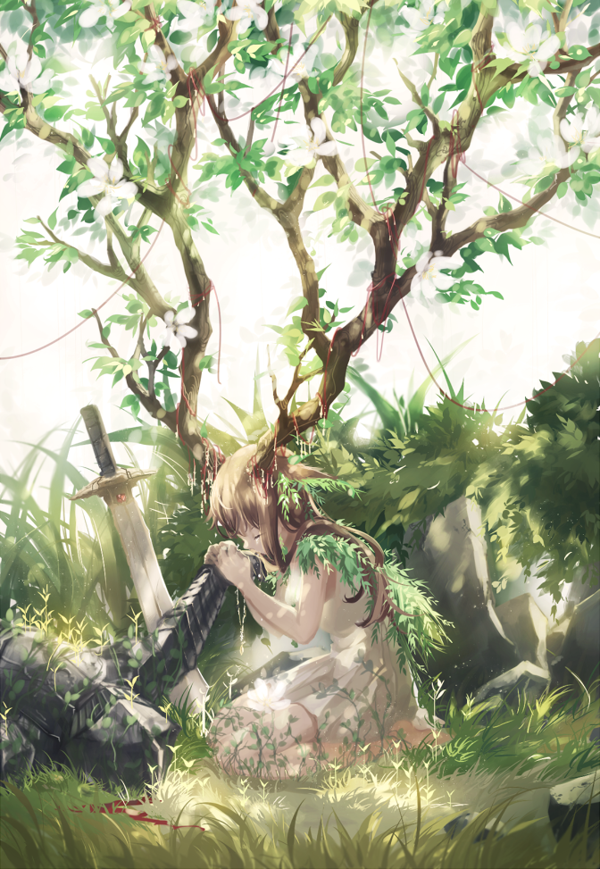 1girl antlers arm_support armor backlighting barefoot blood branch breastplate brown_hair closed_eyes commentary corpse death domik dress fantasy female_focus gauntlets grass hand_grab helmet horns knight leaning_forward light_particles long_hair original rock seiza sitting sleeveless sleeveless_dress solo sunlight sword weapon white_dress