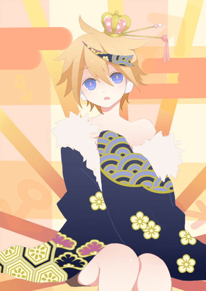 1boy blonde_hair blue_eyes blush crown egasumi floral_print fur gigantic_o.t.n_(vocaloid) hanairi_kikkou hand_on_own_chest headphones honeycomb_pattern japanese_clothes kagamine_len male_focus multicolored_hair open_mouth seigaiha sitting solo traditional_clothes vocaloid