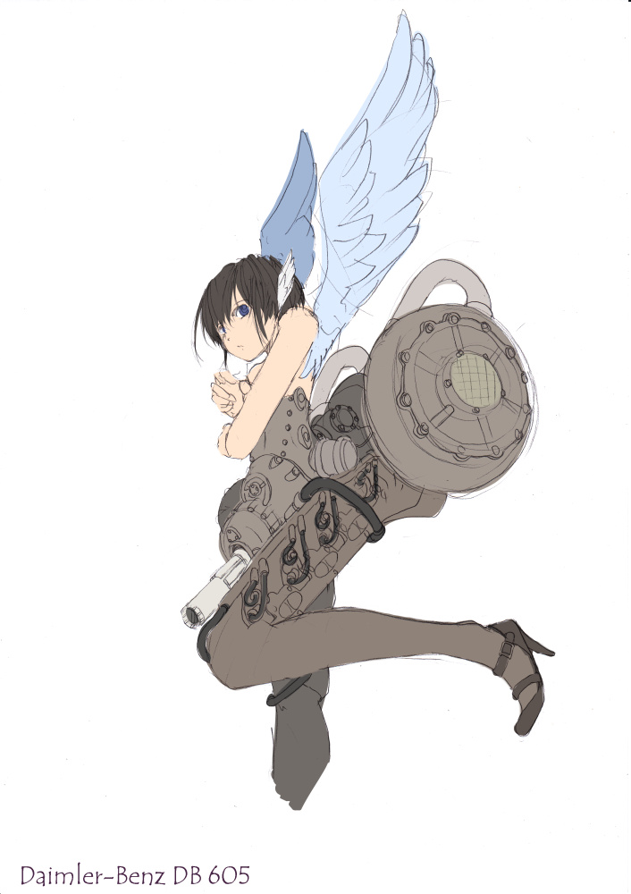 1girl ankle_strap bare_shoulders blue_eyes brown_hair character_name closed_mouth crossed_arms engine female_focus head_wings high_heels looking_at_viewer looking_back mary_janes mecha_musume nano_(nanosize) original personification shoes short_hair simple_background sketch solo thighhighs tube white_background white_wings wings