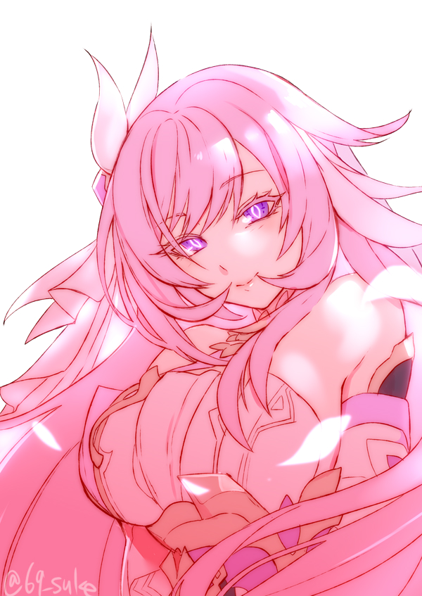 1girl bare_shoulders breasts closed_mouth corset diamond-shaped_pupils diamond_(shape) elysia_(herrscher_of_human:_ego)_(honkai_impact) elysia_(honkai_impact) hair_ornament honkai_(series) honkai_impact_3rd kaneaki_mukku large_breasts long_hair looking_at_viewer pink_hair purple_eyes simple_background smile solo symbol-shaped_pupils twitter_username very_long_hair white_background white_corset