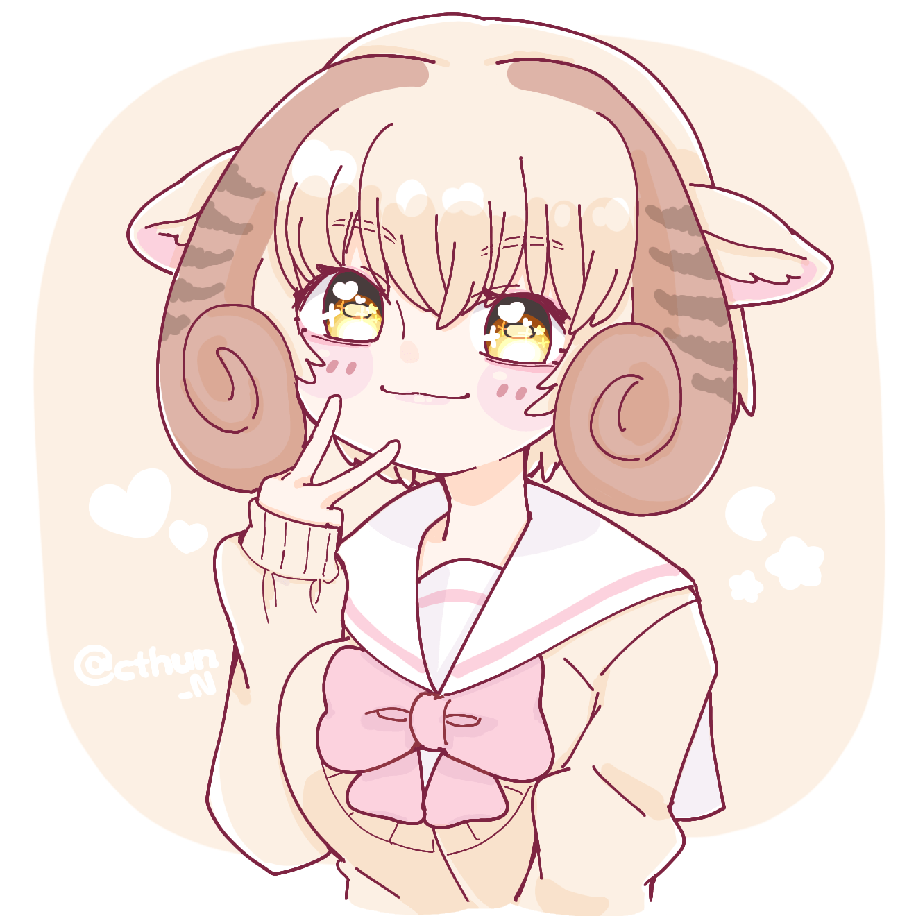 1girl animal_ears brown_hair cardigan cthun_n extra_ears heart highres kemono_friends looking_at_viewer pink_background sailor_collar school_uniform sheep_(kemono_friends) sheep_ears sheep_girl short_hair simple_background smile solo star_(symbol) upper_body v yellow_eyes