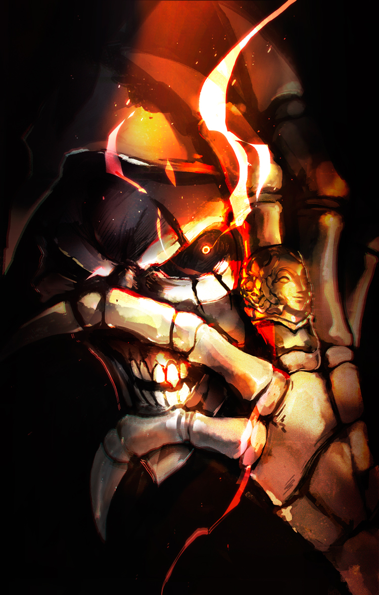 1boy ainz_ooal_gown bad_id bad_pixiv_id black_sclera colored_sclera flaming_eye glowing hand_over_face hood hood_up horocca horror_(theme) jewelry lich looking_at_viewer male_focus overlord_(maruyama) portrait ring sanpaku skeleton solo