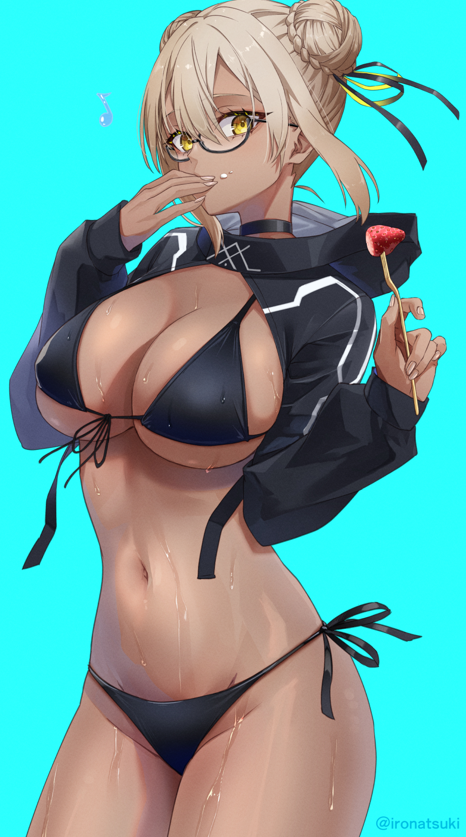 1girl ahoge bikini black_bikini black_jacket blonde_hair blush breasts cleavage cropped_jacket double_bun fate/grand_order fate_(series) food fruit glasses hair_bun highres ironatsuki jacket large_breasts long_sleeves looking_at_viewer medium_hair mysterious_heroine_xx_alter_(fate) navel shrug_(clothing) sidelocks solo strawberry swimsuit tan thighs yellow_eyes