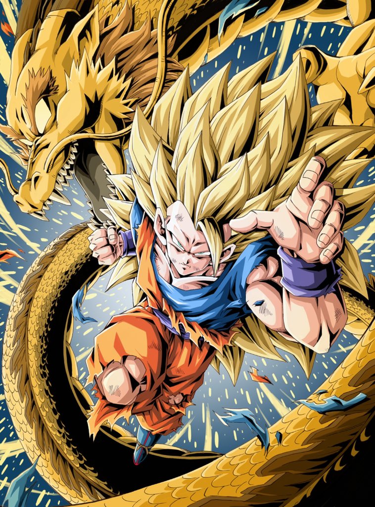 1boy biceps blonde_hair blue_background blue_footwear blue_sash blue_shirt boots charging_forward clenched_hand closed_mouth collarbone commentary_request dougi dragon dragon_ball dragon_fist dragonball_z energy full_body green_eyes hand_up incoming_attack long_hair looking_at_viewer male_focus muscular muscular_male no_eyebrows open_mouth sash scratches serious sharp_teeth shirt son_goku spiked_hair super_saiyan super_saiyan_3 teeth torn_clothes v-shaped_eyebrows wristband youngjijii