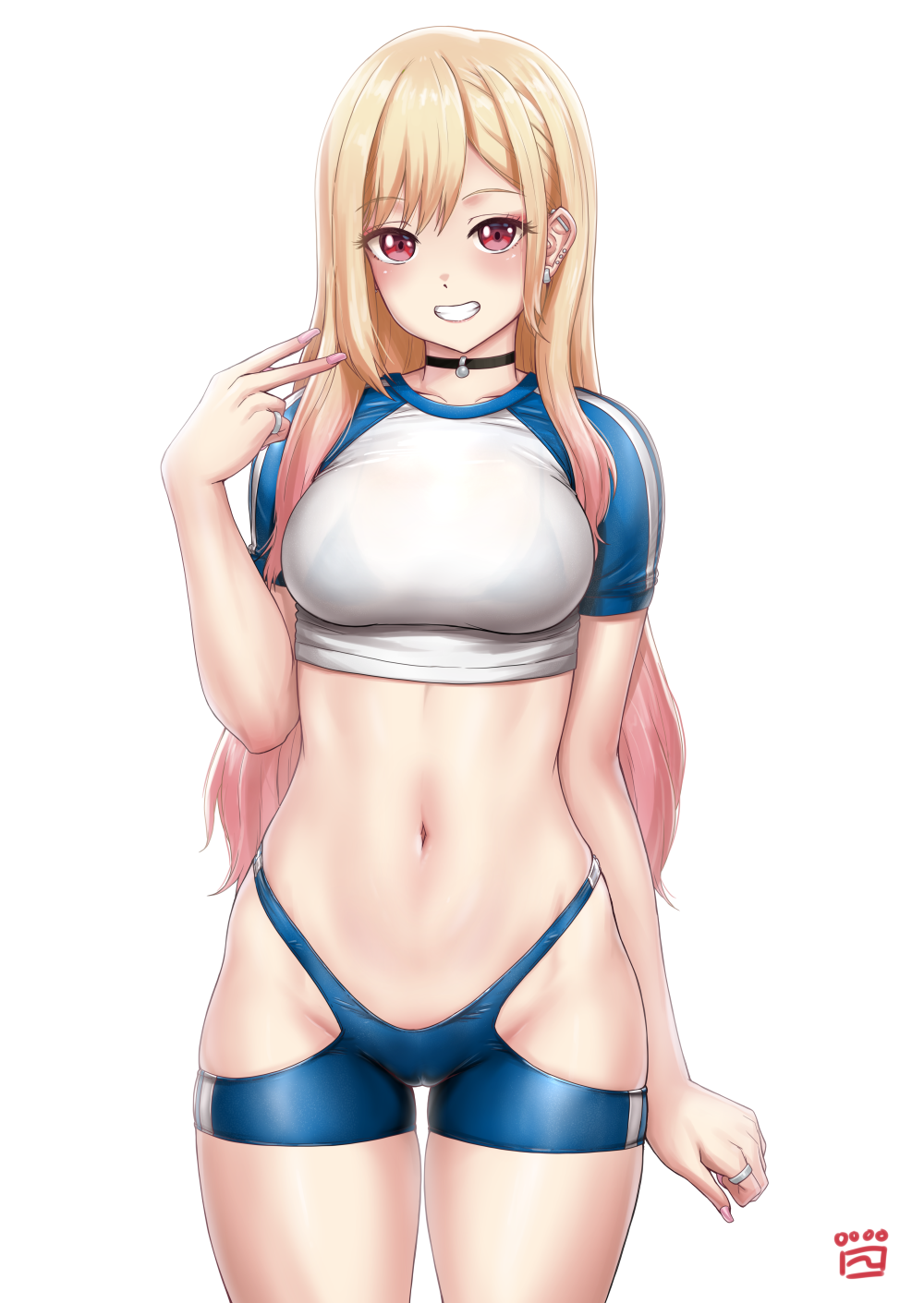 1girl artist_logo barbell_piercing black_choker blonde_hair blue_sleeves blush bralines breasts choker collarbone colored_tips commentary_request cowboy_shot crop_top cropped_shirt ear_piercing fake_nails finalcake gradient_hair grin groin hair_between_eyes hand_up highres industrial_piercing jewelry kitagawa_marin logo long_hair looking_at_viewer medium_breasts multicolored_hair nail_polish navel piercing pink_nails red_hair ring see-through_clothes shirt short_sleeves sidelocks simple_background skindentation smile solo sono_bisque_doll_wa_koi_wo_suru standing stomach swept_bangs t-back_spats teeth v white_background white_shirt