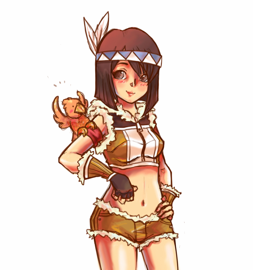 1girl animal animal_on_shoulder bird bird_on_shoulder black_gloves blue_headband blush bob_cut breasts brown_eyes brown_gloves brown_hair brown_shirt brown_shorts closed_mouth commentary cowboy_shot crop_top english_commentary feather_hair_ornament feathers fingerless_gloves fur-trimmed_gloves fur-trimmed_shirt fur-trimmed_shorts fur_trim gloves hair_ornament hand_on_own_hip headband looking_at_viewer medium_breasts midriff navel pickacolour ragnarok_online shirt short_hair shorts simple_background sleeveless sleeveless_shirt smile sniper_(ragnarok_online) solo two-tone_gloves two-tone_shirt white_background white_headband white_shirt