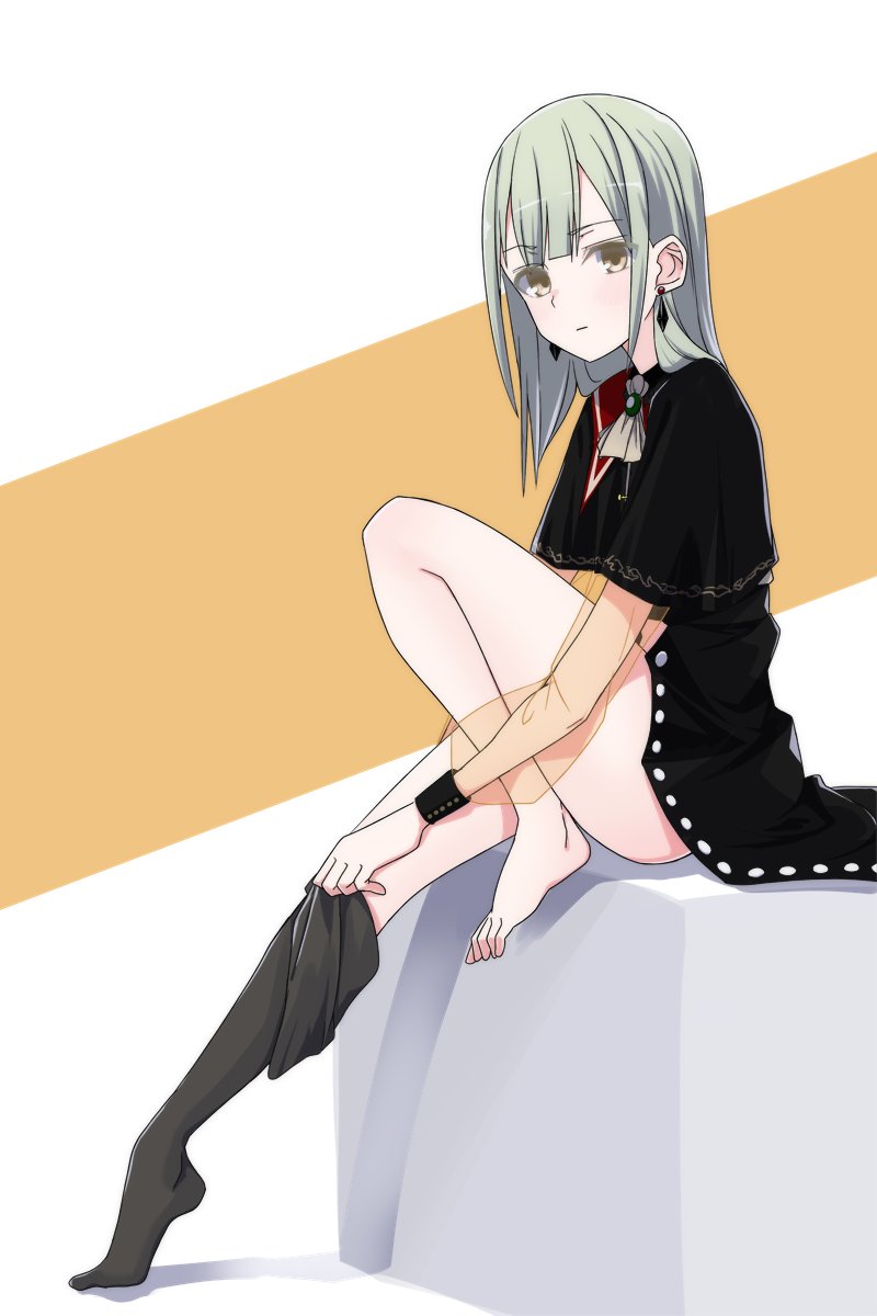 1girl ascot bang_dream! bang_dream!_it&#039;s_mygo!!!!! black_capelet black_pantyhose black_skirt blunt_bangs capelet closed_mouth clothes_pull commentary earrings from_side full_body green_hair grey_ascot gumoyu hair_behind_ear high-waist_skirt highres jewelry knee_up light_blush long_hair long_sleeves looking_at_viewer looking_to_the_side miniskirt mortis_(bang_dream!) mortis_(costume)_(bang_dream!) no_shoes orange_background pantyhose pantyhose_around_one_leg pantyhose_pull puffy_long_sleeves puffy_sleeves pulling_own_clothes see-through_clothes see-through_sleeves shadow single_bare_foot single_bare_leg sitting skirt solo tiptoes two-tone_background wakaba_mutsumi white_background yellow_eyes