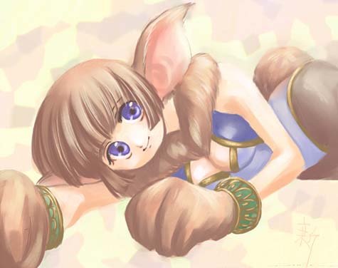 1girl animal_ears animal_hands blue_eyes bob_cut breasts brown_hair chrono_(series) chrono_cross cleavage cleavage_cutout clothing_cutout female_focus fur janice janice_(chrono_cross) leotard lowres lying on_side pantyhose short_hair smile solo tail