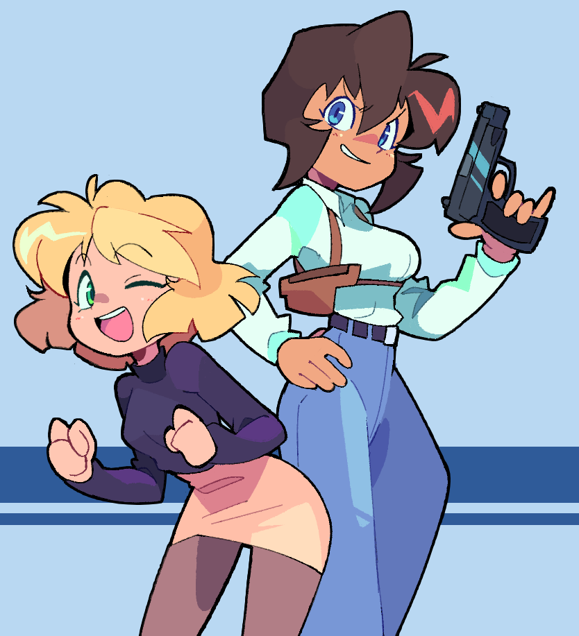 2girls bacun black_sweater blonde_hair blue_eyes breasts brown_skirt collared_shirt cz_75 dark-skinned_female dark_skin denim gun gunsmith_cats handgun jeans medium_breasts minnie_may_hopkins multiple_girls one_eye_closed open_mouth pants pantyhose parted_lips rally_vincent shirt short_hair skirt smile smirk sweater sweater_tucked_in v-shaped_eyebrows weapon white_shirt