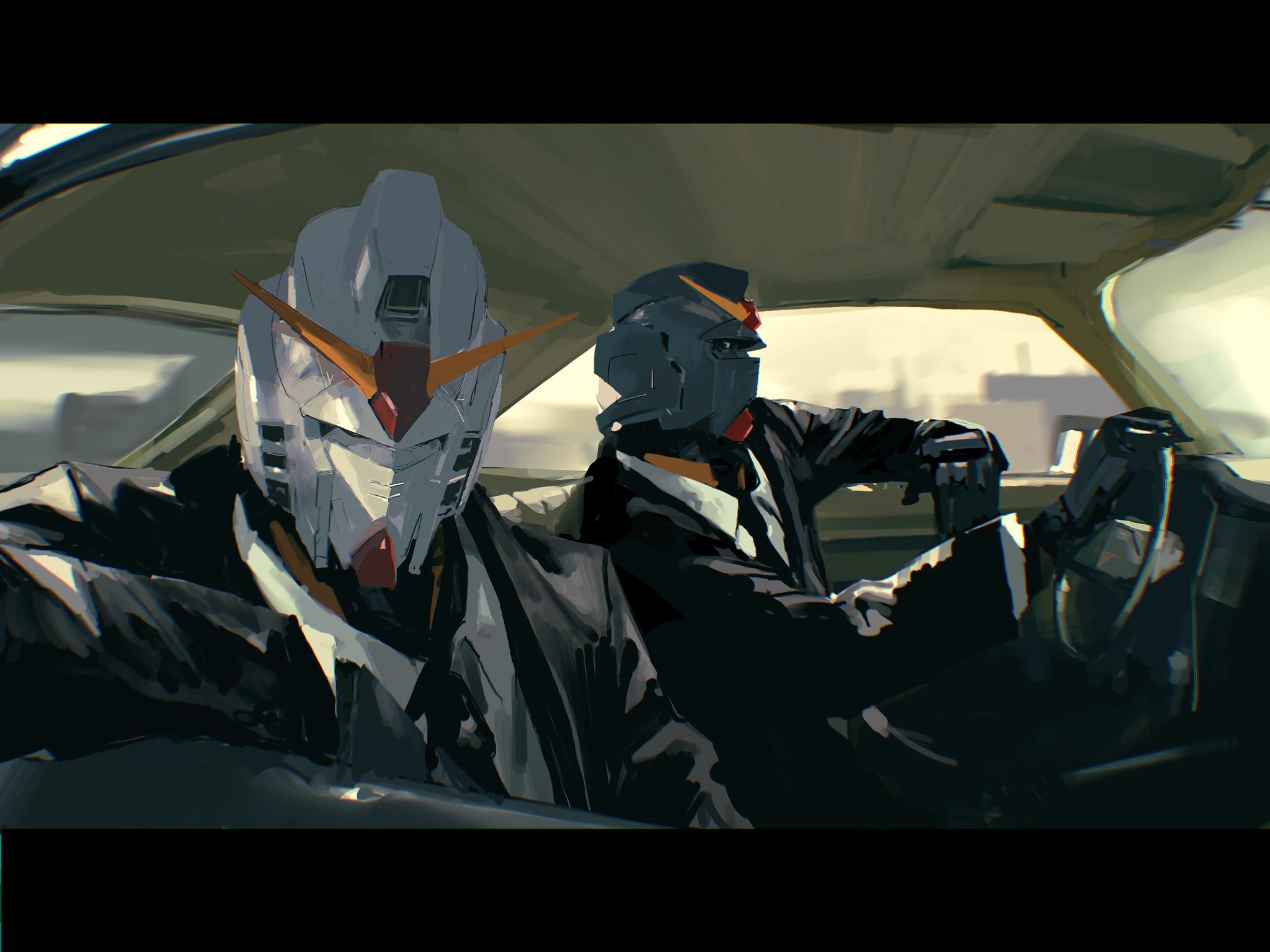 black_jacket black_necktie car_interior clothed_robot collared_shirt commentary dress_shirt driving english_commentary gundam gundam_mk_ii highres jacket left-hand_drive letterboxed long_sleeves mecha mecha_focus mobile_suit necktie no_humans parody pulp_fiction rintaro_komori robot scene_reference shirt suit_jacket titans_(gundam) v-fin white_shirt zeta_gundam
