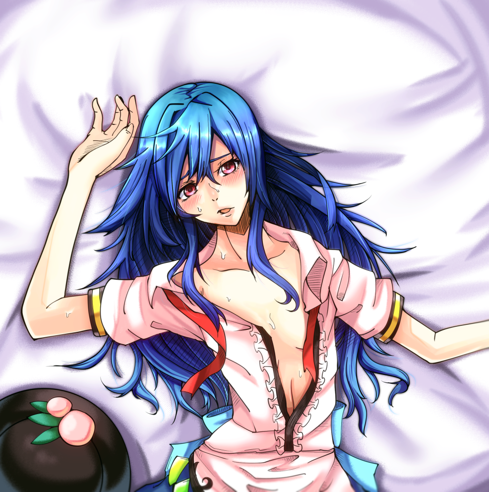 1girl bad_id bad_pixiv_id blue_hair blush female_focus food fruit hat unworn_hat unworn_headwear hinanawi_tenshi long_hair lying navel no_bra on_back open_clothes open_mouth open_shirt pandora-ex peach red_eyes shirt solo touhou