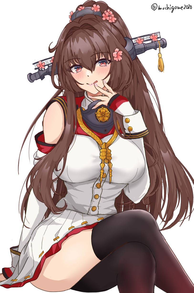 1girl :d breasts brown_eyes brown_hair chamumi_(mochiumee) cherry_blossoms coat coat_on_shoulders collar flower hair_flower hair_ornament headgear highres kantai_collection large_breasts long_coat long_hair looking_at_viewer metal_collar open_mouth ponytail sakuramon skirt sleeveless sleeveless_coat smile solo twitter_username very_long_hair white_coat white_skirt yamato_(battleship) yamato_(kancolle) yamato_kai_ni_(kancolle)