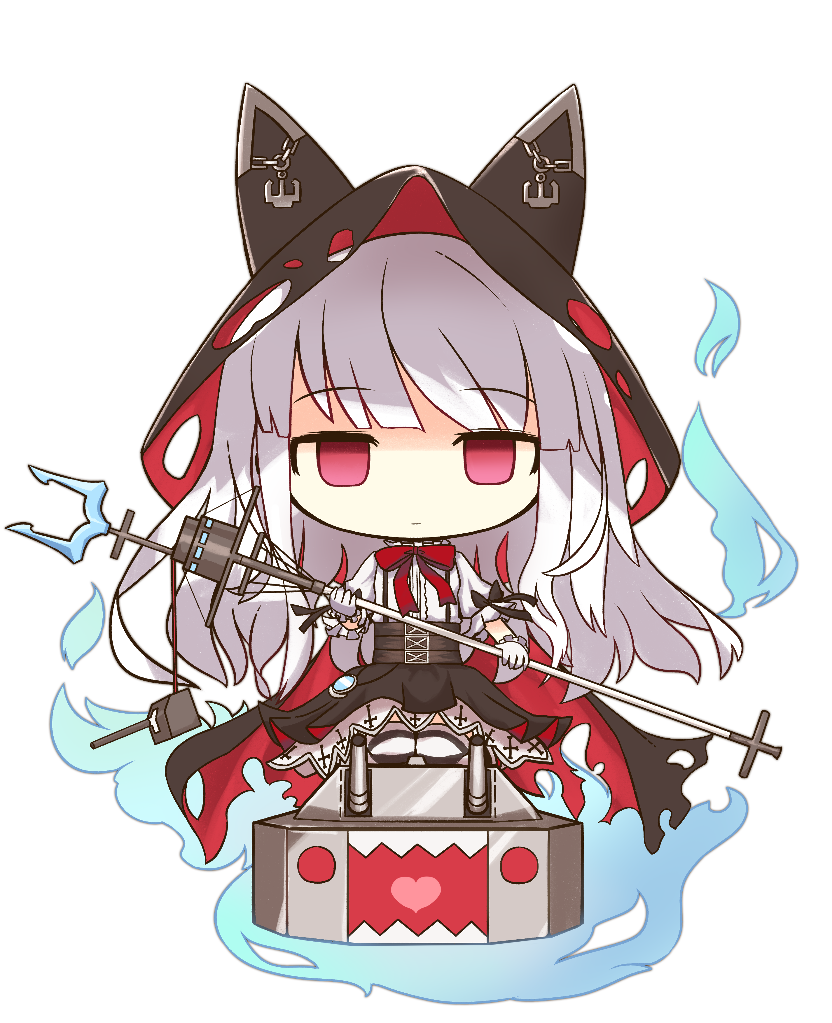 1girl absurdres akihiyo anchor animal_hood azur_lane black_cape black_skirt blue_fire bow bowtie cannon cape cat_hood chain closed_mouth empty_eyes erebus_(azur_lane) female_focus fire gloves heart heart_in_mouth high-waist_skirt highres holding hood hooded_cape puffy_short_sleeves puffy_sleeves purple_eyes red_bow red_bowtie shaded_face sharp_teeth ship_turret shirt short_sleeves silver_hair simple_background skirt solo striped_clothes striped_thighhighs suspender_skirt suspenders teeth thighhighs torn_clothes transparent_background white_background white_gloves white_shirt