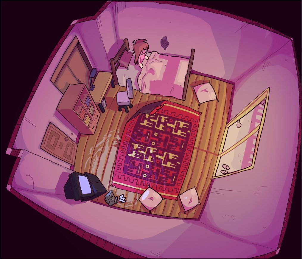 1girl bedroom bookshelf brown_hair chair controller crt cushion desk diorama door faceless faceless_female from_above game_console game_controller glass_door hair_down indoors long_sleeves madotsuki nintendo_64 nintendo_64_controller office_chair on_bed pink_shirt rug saghaley shirt sitting sliding_doors solo swivel_chair television under_covers wide_shot wooden_floor yume_nikki