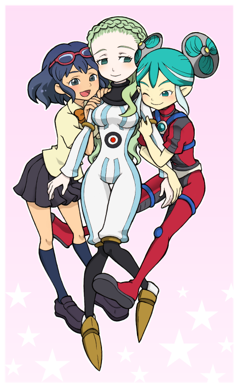 3girls bad_id bad_pixiv_id blue_eyes blue_hair blush bodysuit eyewear_on_head glasses green_eyes green_hair guel inazuma_eleven inazuma_eleven_(series) long_hair maquia multiple_girls one_eye_closed otonashi_haruna red-framed_eyewear school_uniform short_hair skirt smile sumeragi_maki wink
