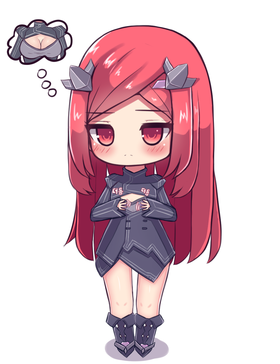 1girl airplane_hair_ornament bad_id bad_pixiv_id black_dress breast_envy breasts chibi cleavage cleavage_cutout clothing_cutout dress female_focus highres hshow imagining last_origin long_hair night_angel_(last_origin) red_eyes red_hair simple_background solo swept_bangs white_background