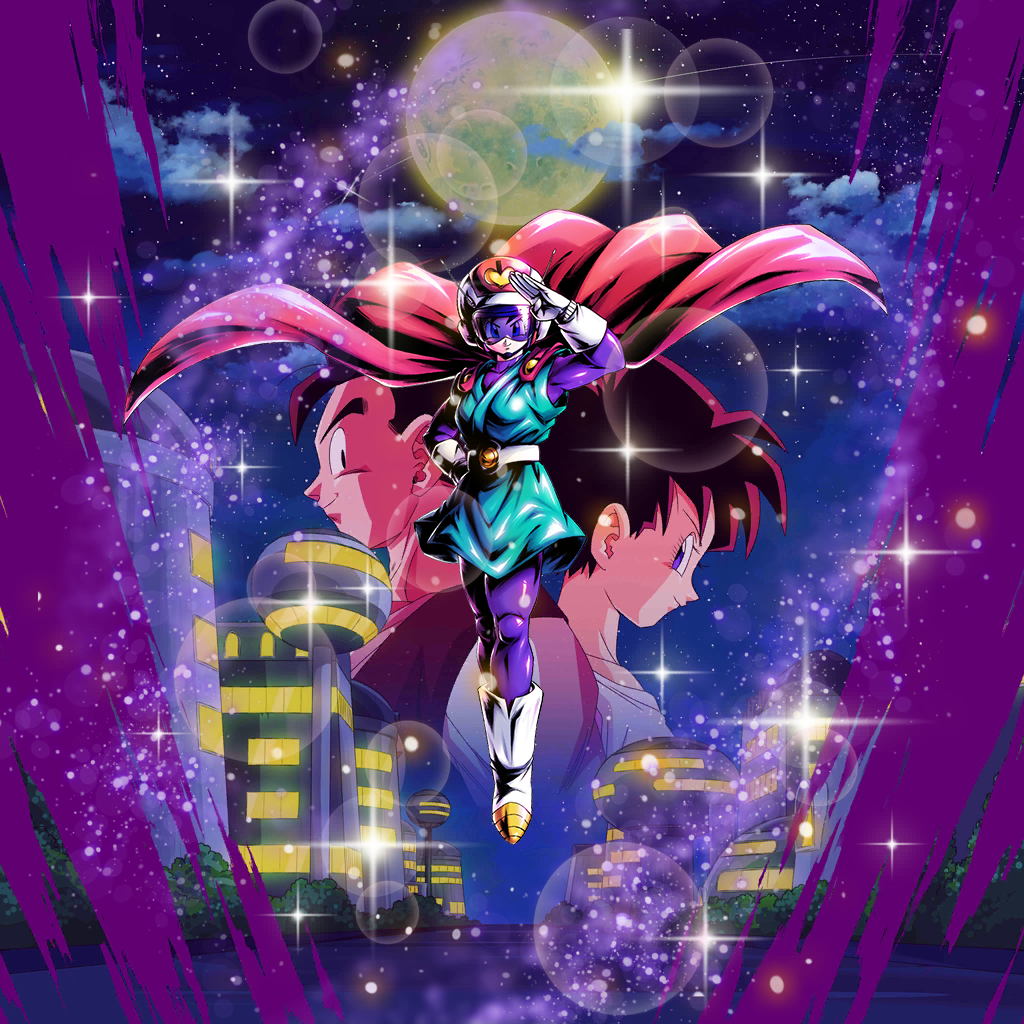1boy 1girl black_hair cape couple dragon_ball dragon_ball_legends flying great_sabrecat happy helmet moon moonlight official_art smile son_gohan superhero_costume videl