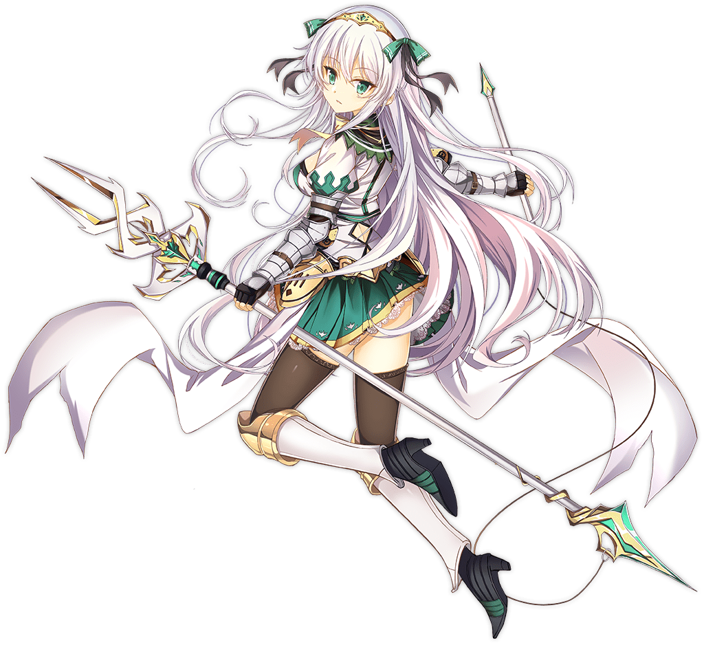 1girl ark_order armor black_gloves black_thighhighs boots bow brunhild_(ark_order) dual_wielding fingerless_gloves full_body gloves gold_trim green_bow green_eyes green_skirt hair_bow high_heel_boots high_heels holding holding_lance holding_polearm holding_weapon jianren juliet_sleeves lace lace-trimmed_skirt lace_trim lance long_hair long_sleeves official_art pleated_skirt polearm puffy_sleeves shirt sidelocks skirt solo tachi-e thighhighs tiara transparent_background very_long_hair weapon white_hair white_shirt zettai_ryouiki