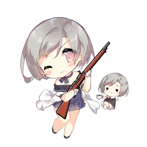 2girls :&gt; =_= bare_legs bare_shoulders black_shoes blue_dress blue_ribbon blush blush_stickers brown_dress chibi closed_mouth crossed_legs cup dress fairy_(girls&#039;_frontline) full_body girls&#039;_frontline gloves grey_hair gun hand_on_own_cheek hand_on_own_face holding holding_cup holding_gun holding_weapon looking_at_viewer m1_garand mole mole_under_mouth multiple_girls neck_ribbon off-shoulder_dress off_shoulder official_art one_eye_closed pink_eyes ribbon rifle saru shoes short_hair simple_background slit_pupils sniper_fairy_(girls&#039;_frontline) teacup third-party_source transparent_background weapon white_gloves