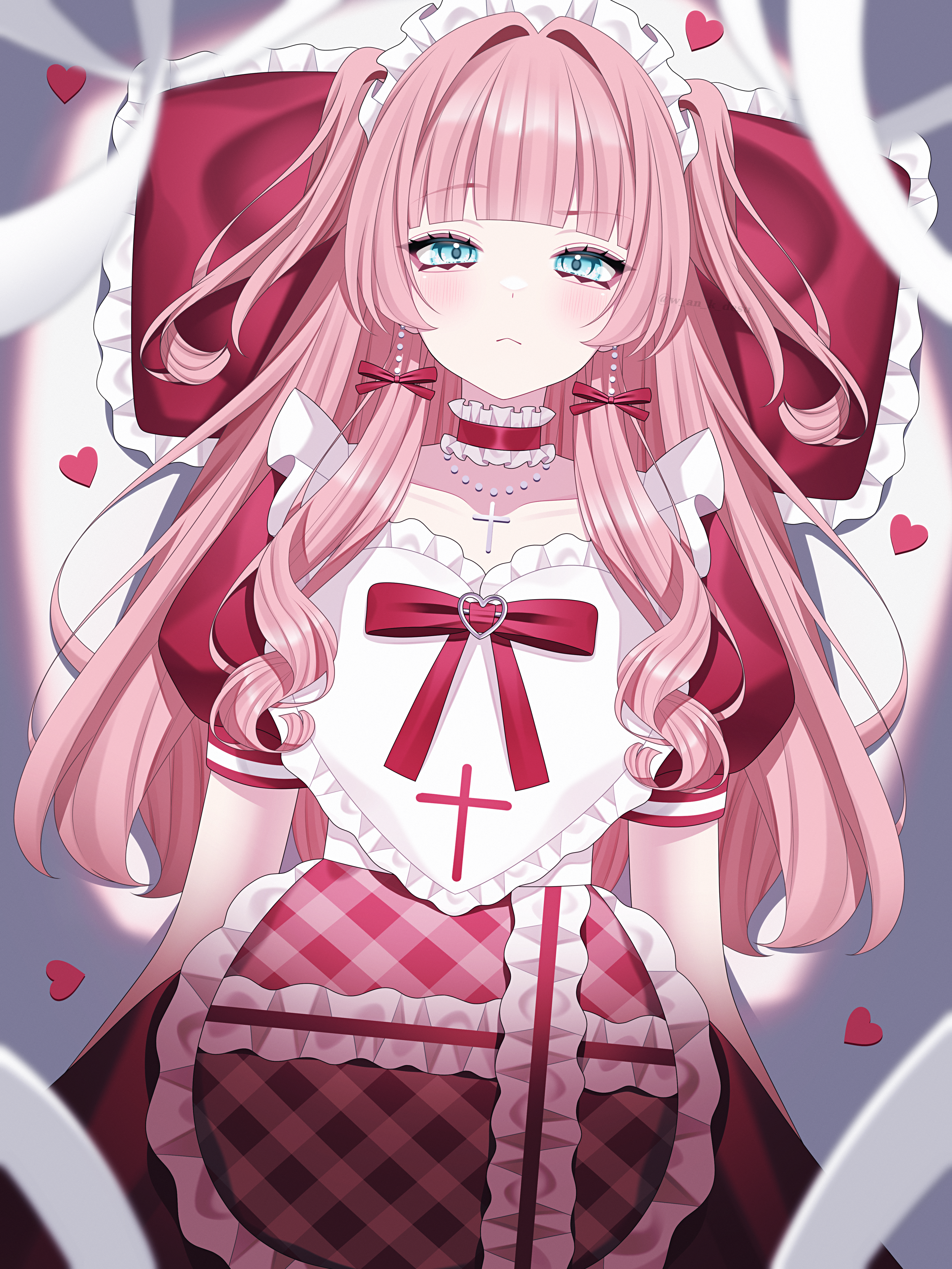 1girl absurdres aegyo_sal aqua_eyes blush bow choker closed_mouth collarbone commentary cross cross_necklace curly_hair dress frilled_choker frills hair_intakes heart highres jewelry long_hair looking_at_viewer lying maid maid_headdress necklace on_back original pillow pink_bow pink_choker pink_dress pink_hair pink_ribbon plaid_clothes plaid_dress raised_eyebrow ribbon ribbon_earrings short_sleeves solo symbol-only_commentary twintails two_side_up wanko_(yurika0320)