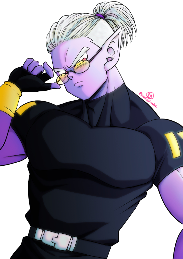 1boy adjusting_eyewear belt black_gloves black_shirt character_logo closed_mouth colored_skin commentary_request covered_pectorals demon_boy dragon_ball dragon_ball_heroes dragon_ball_xenoverse fingerless_gloves frown fu_(dragon_ball) glasses gloves looking_down looking_to_the_side male_focus momochamplu muscular muscular_male pectorals pink_eyes pointy_ears ponytail purple_skin round_eyewear shirt solo tinted_eyewear twitter_username undercut upper_body white_background white_hair yellow-tinted_eyewear