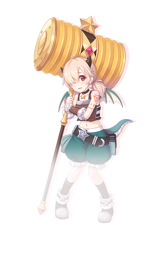 1girl ahoge arm_tattoo bare_shoulders belt black_belt black_choker black_horns black_socks blonde_hair blush choker collarbone detached_sleeves dragon_horns dragon_tail dragon_wings drop_shadow frilled_sleeves frills full_body green_shorts green_tail green_wings hair_over_one_eye hammer holding holding_hammer horns inori_(princess_connect!) looking_at_viewer medium_hair non-web_source official_art open_mouth princess_connect! red_eyes shorts simple_background socks solo standing star_(symbol) star_choker swept_bangs tachi-e tail tattoo transparent_background twintails wings