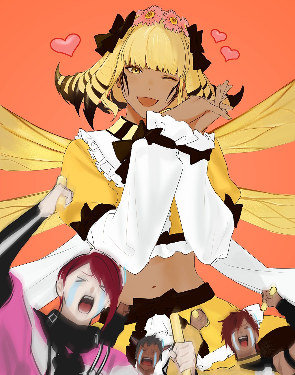 &gt;_&lt; 2boys 2girls ;d bee_wings black_bow blonde_hair bow closed_eyes crop_top facial_mark final_fantasy final_fantasy_xiv flower flower_wreath frilled_sleeves frills glowstick hair_bow hair_flower hair_ornament head_wreath heart highres holding holding_glowstick honey_b._lovely hyur insect_wings looking_at_viewer motion_blur multicolored_hair multiple_boys multiple_girls navel nozouko one_eye_closed open_mouth orange_background own_hands_together short_hair simple_background skirt smile solo_focus streaked_hair two-tone_hair warrior_of_light_(ff14) wings yellow_eyes yellow_skirt yellow_wings