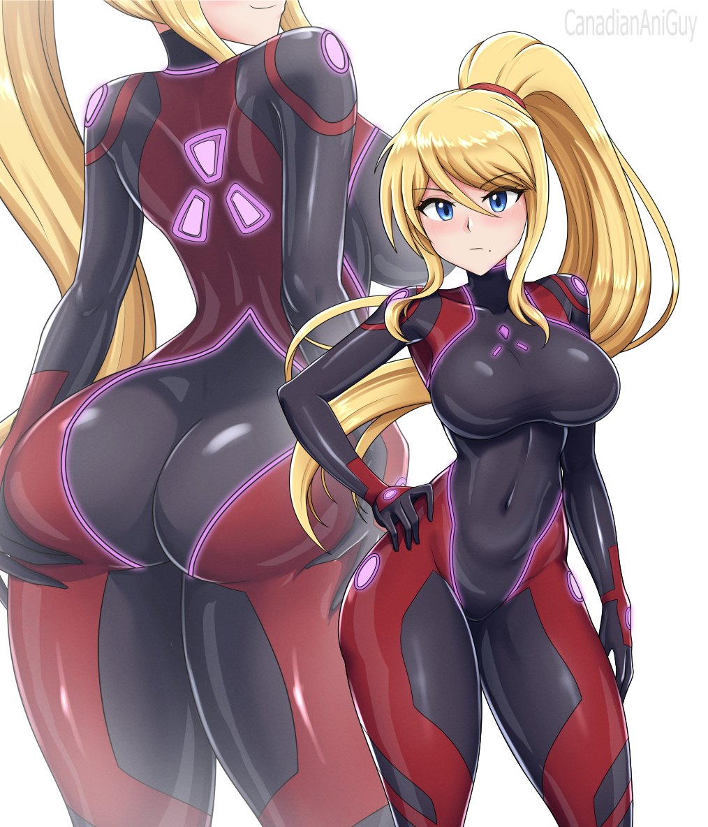 1girl adapted_costume artist_name ass ass_support black_bodysuit blonde_hair blue_eyes blush bodysuit breasts canadiananiguy covered_navel glowing_lines grabbing_own_ass impossible_bodysuit impossible_clothes large_breasts long_hair looking_at_viewer metroid metroid_prime_4:_beyond nintendo ponytail power_suit_(metroid) red_bodysuit samus_aran shiny_clothes simple_background standing very_long_hair white_background zero_suit