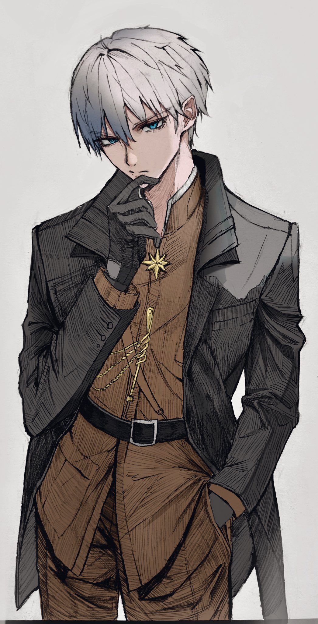 1boy belt black_gloves black_jacket blue_eyes brown_jacket cowboy_shot gloves goddess_of_victory:_nikke grey_hair hand_in_pocket hand_on_own_chin highres jacket jewelry johan_(nikke) kuminikke male_focus military_jacket military_uniform necklace short_hair simple_background