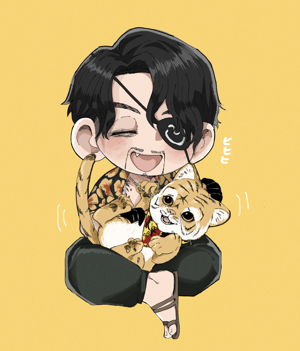 1boy black_hair black_pants chibi closed_eyes eyepatch facial_hair fang gloves goatee hawaiian_shirt highres laughing majima_goro male_focus pants petting ryuu_ga_gotoku_(series) sandals shirt sitting tiger wasadi wavy_hair yellow_background