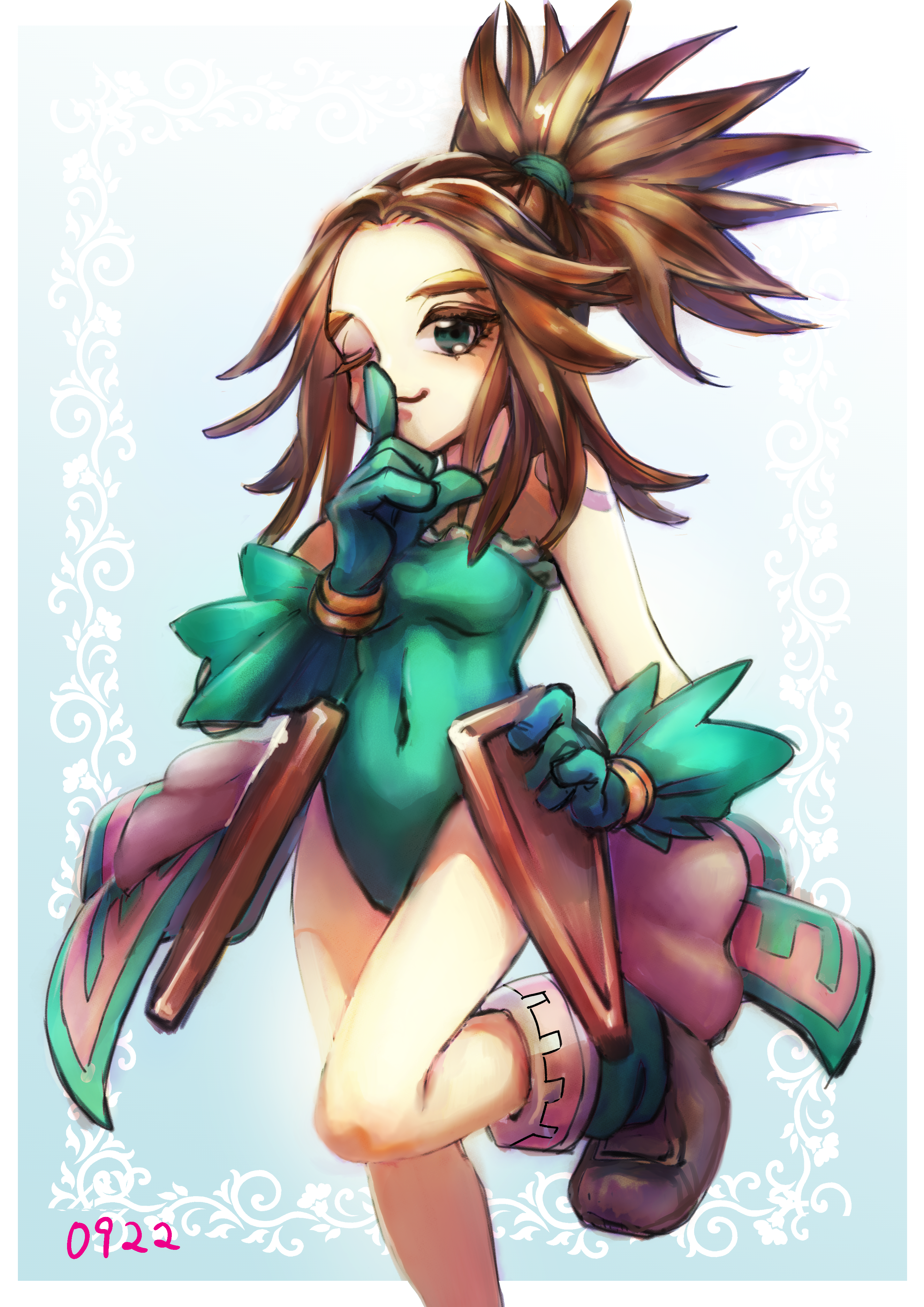 1girl absurdres boots brown_boots brown_hair candy_mintblue closed_mouth commentary_request ethanol80per finger_to_mouth foot_out_of_frame gloves green_eyes green_gloves green_leotard highres leotard looking_at_viewer magical_vacation one_eye_closed ponytail shushing solo standing standing_on_one_leg white_background