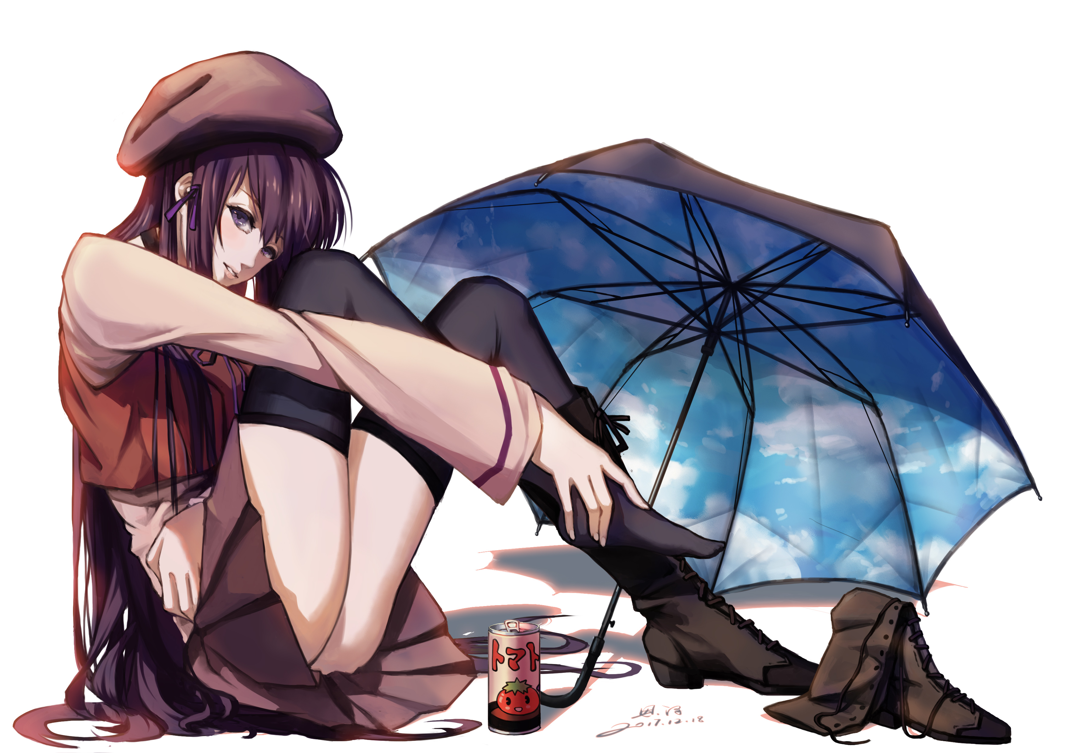 1girl absurdres beret black_thighhighs boots female_focus hat highres long_hair parasol purple_eyes purple_hair shihou_matsuri shoes sitting skirt sola solo thighhighs umbrella unworn_shoes xiaobanbei_milk zettai_ryouiki