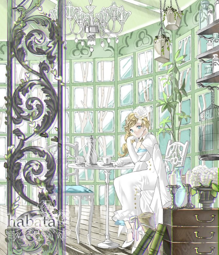 1girl artist_name azur_lane bag birdcage blonde_hair breasts cage candle chair chandelier coat coat_on_shoulders commentary_request cup drawer dress elbow_gloves flower from_side full_body gloves habata1234 hair_over_shoulder hand_on_own_chin hat hood_(azur_lane) hood_(dawnlight&#039;s_dame)_(azur_lane) jewelry large_breasts looking_at_viewer looking_to_the_side mini_hat official_alternate_costume open_clothes open_coat plant rose shoes sitting solo teacup teapot white_bag white_coat white_dress white_flower white_gloves white_shoes